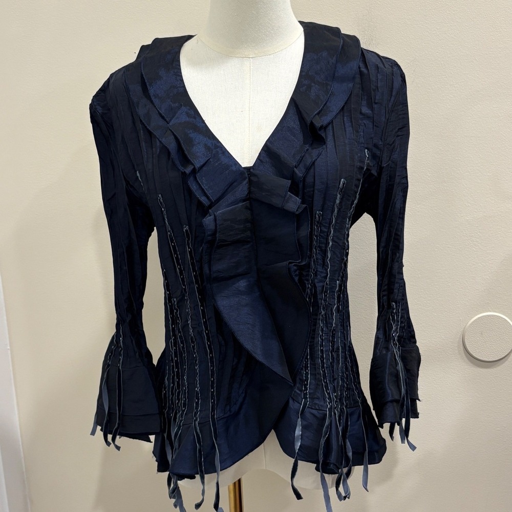Y2K Jaipur Navy Blue Pleated Ruffle Tassel Bell Sleeve Fairy Top Whimsigoth S